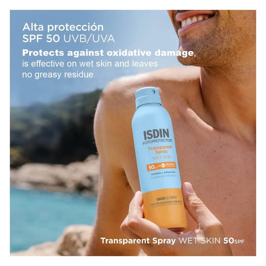 بخاخ Isdin Fotoprotector Wet Skin الشفاف بمعامل حماية SPF50+
